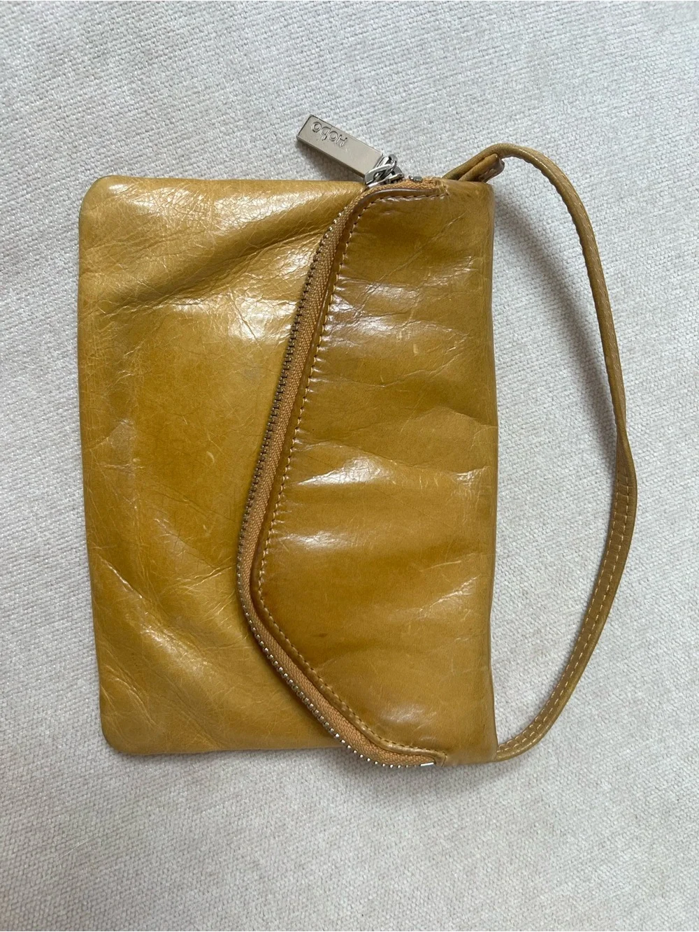 HOBO Leather Wristlet Clutch in Mustard Yellow
